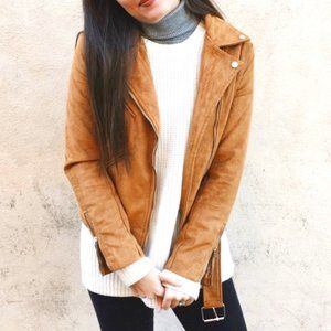 Tan Suede Zipper Moto Jacket | Lioness | Size Small